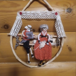 Macrame dolls.Elderly couple at leisure.Gift for grandparents.Family decoration.Wall decor.