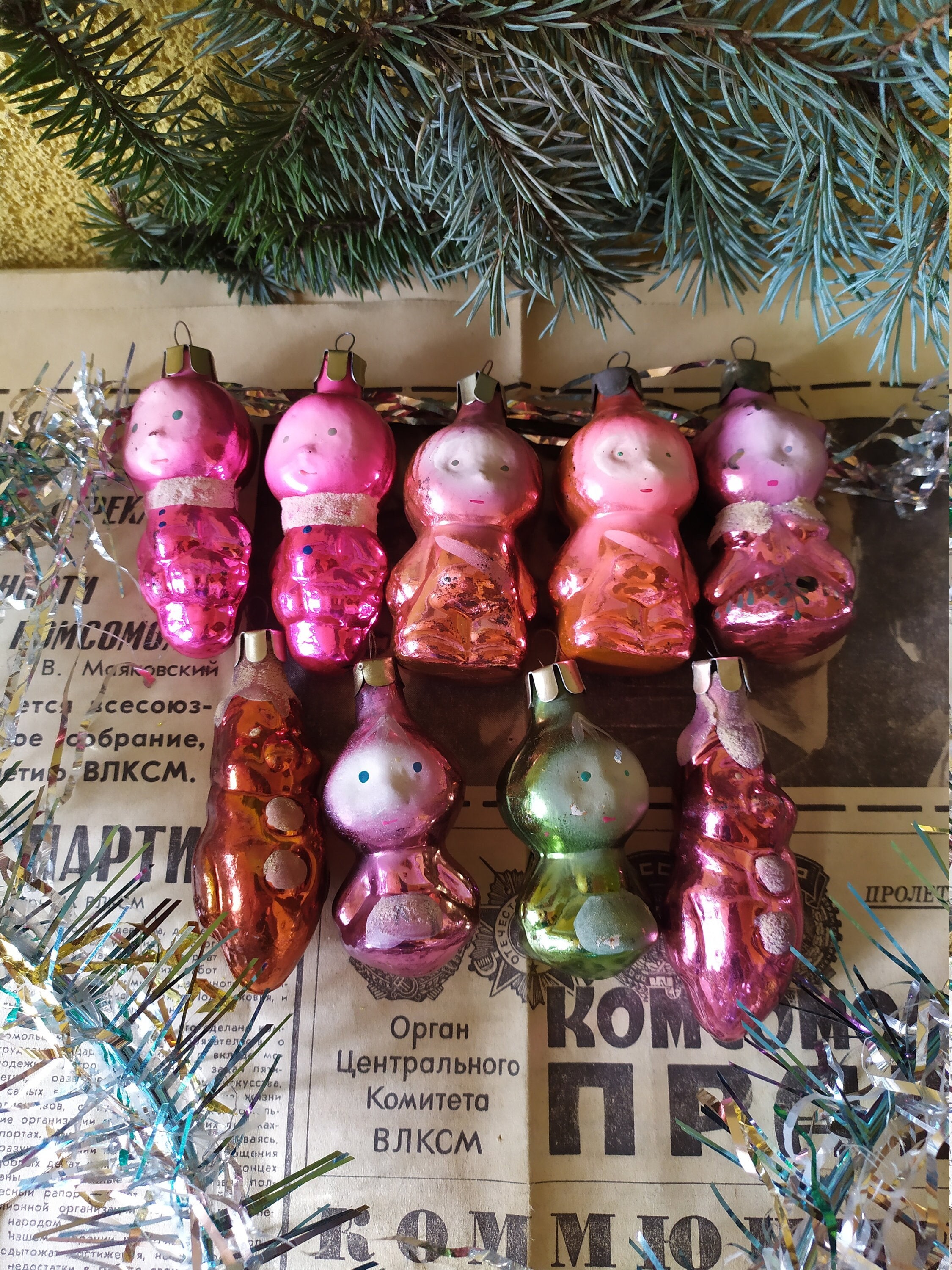 Soviet Vintage Decorations for Christmas Trees. Set of Nine Glass
