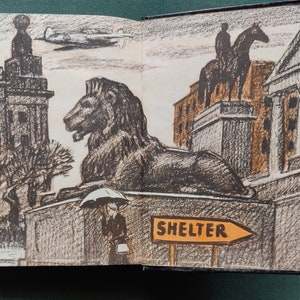 May include: A black and white illustration of a city scene with a lion statue, a soldier on horseback, and a sign that reads 'SHELTER' with an arrow pointing to the right. The illustration is drawn in a sketchy style with a dark background.