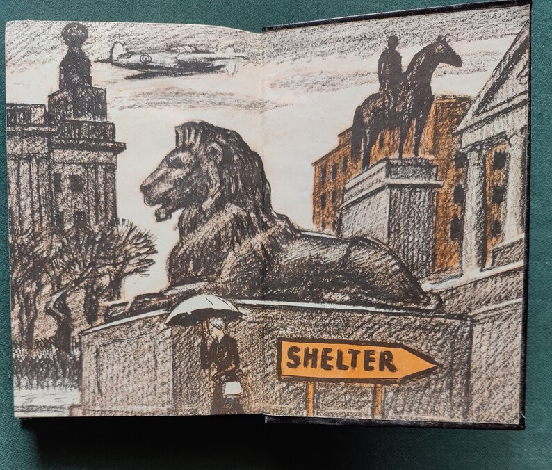 May include: A black and white illustration of a city scene with a lion statue, a soldier on horseback, and a sign that reads 'SHELTER' with an arrow pointing to the right. The illustration is drawn in a sketchy style with a dark background.