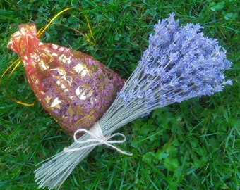 Bouquet of lavender+sachet with lavender flowers.The smell of lavender relieves stress.Bed linen freshener.Great for cabinets, drawers,cars.