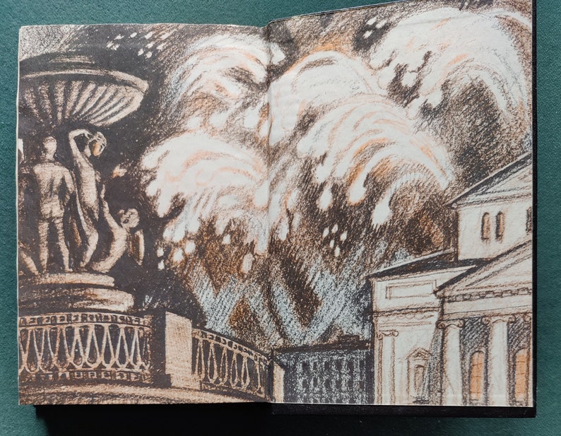 May include: A black and white illustration of a building with fireworks in the sky. The building is a classical style with columns and a pediment. The fireworks are white and orange and are exploding in the sky. The illustration is done in a sketchy style with visible pencil strokes.