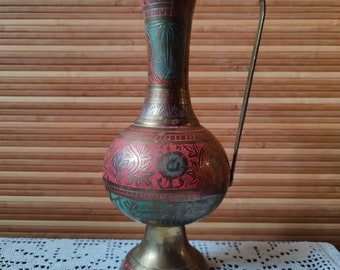 Vintage Indian brass vase with floral engraving.Handmade.