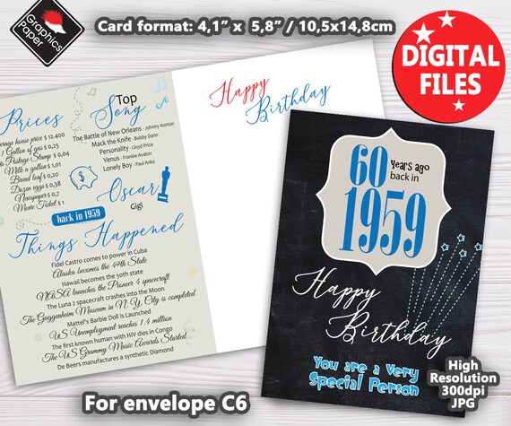 60th Birthday Decoration Printable Greeting Card 1959 Instant Etsy