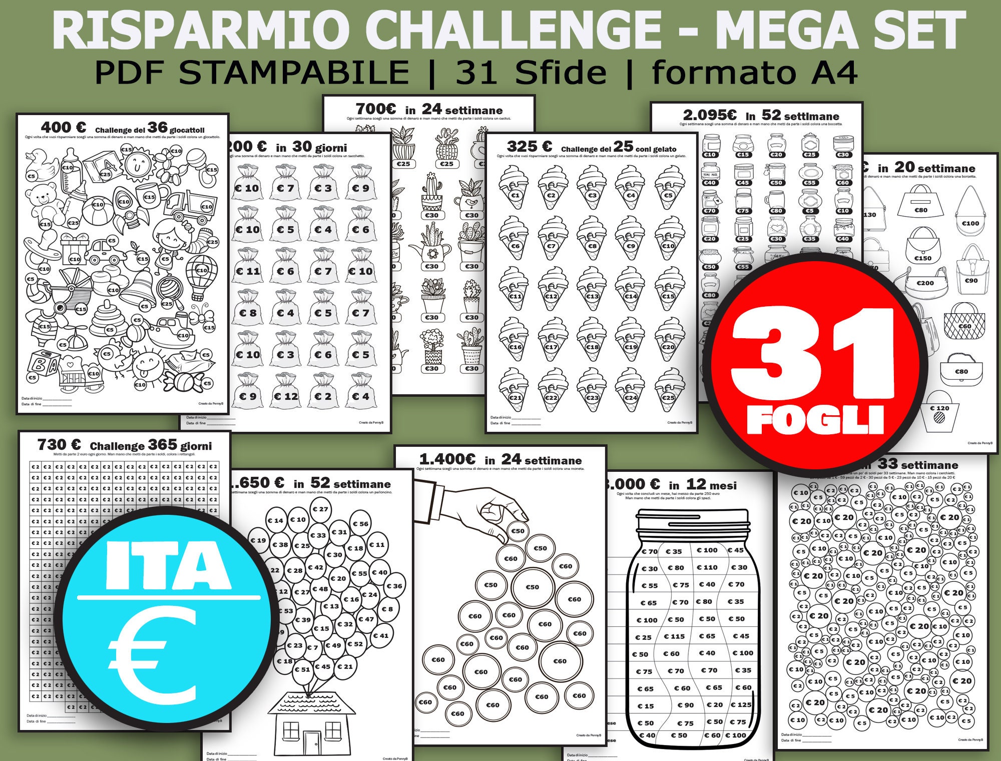 Challenge Risparmiare Denaro Italiano-euro PDF Maxi Set Risparmio Soldi A4  Da 100 a 5.050euro Set 31 Pagine Tutte Diverse 