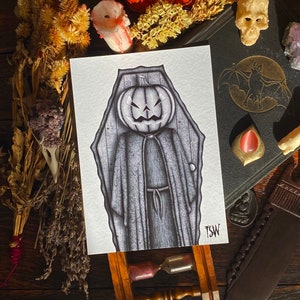 Człowiek z Jack-o-lantern Halloween wydruk artystyczny, dynia, dekoracje na Halloween, wystrój czarownicy, czarowniczy, sztuka kostiumów na Halloween, straszny, horror 5x7 A4