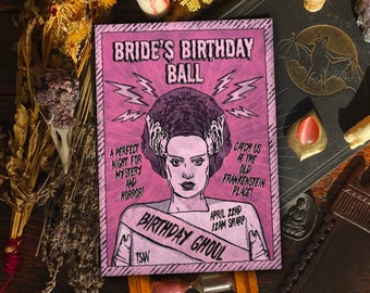 Vintage Halloween art print, bride of Frankenstein, Halloween decorations, horror home decor, Halloween accessories 5x7 A4 pink pastel goth