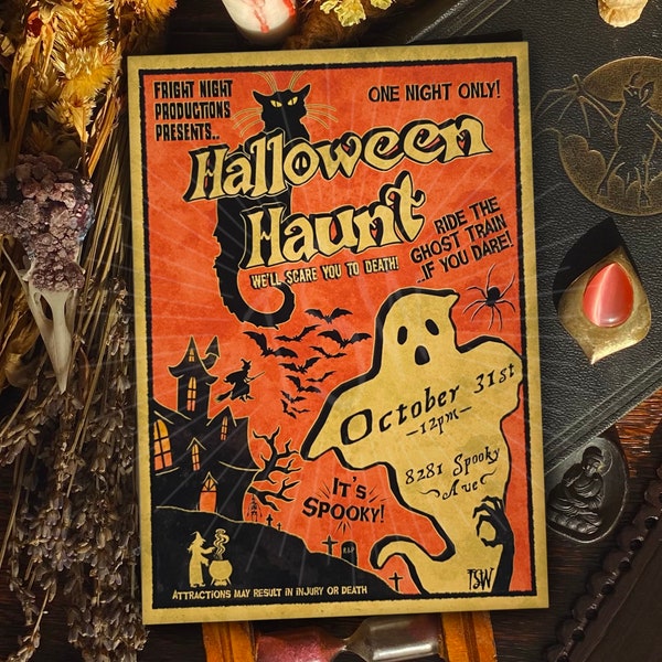 Vintage Halloween art print, haunted house, Halloween decorations, home decor, Halloween costume art, spooky horror 5x7 A4 accessories, uk