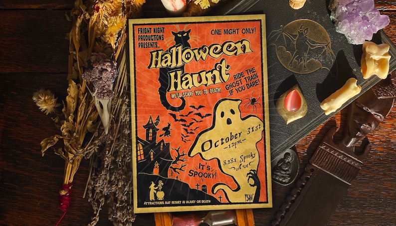 May include: A vintage Halloween poster with a black cat, a ghost, and a haunted house. The poster reads "Halloween Haunt" and "One Night Only!" with the date "October 31st".