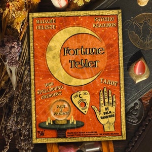 Vintage Halloween art print, fortune teller poster, palmistry, tarot, Halloween decorations, home decor, spooky, psychic, 5x7 A4 accessories