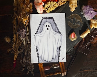 Spooky Ghost Halloween art print, Halloween decorations, Halloween costume art, sheet ghost, classic ghost, spooky print, horror, 5x7 A4