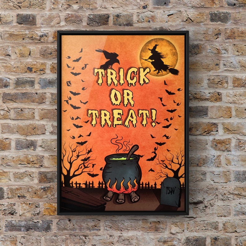 May include: A vintage-style Halloween poster with an orange background. The poster features a witch flying on a broomstick, a cauldron with green liquid, bats, and the text "Trick or Treat!"