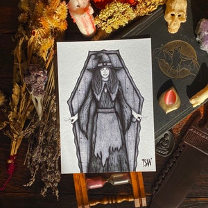Impressão artística de Halloween dos julgamentos das bruxas de Salem, chapéu de bruxa, decorações de Halloween, decoração de bruxa, bruxaria, arte de fantasia de Halloween, assustador, terror 5x7 A4