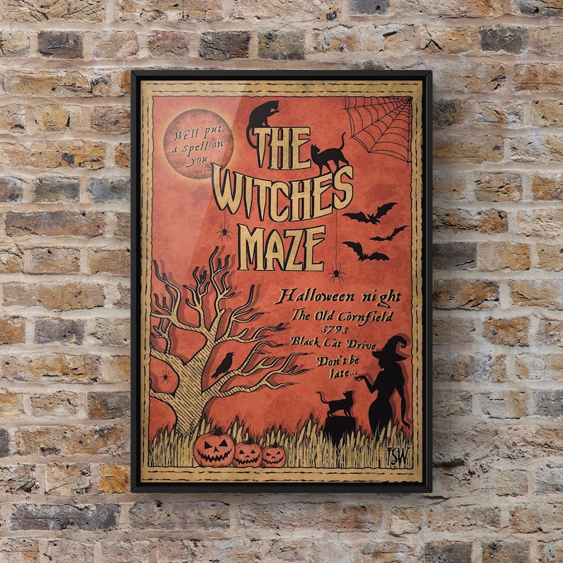 Vintage Halloween art print accessories, Halloween decorations, witch home decor, witchy Halloween costume art, spooky horror 5x7 A4 maze uk image 2