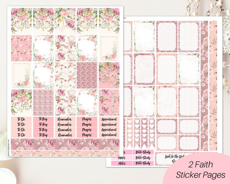 May include: Two pages of floral-themed printable planner stickers. The stickers are in shades of pink and white with floral patterns and text that says "To Do", "To Buy", "Remember", "Prayers", "Appointment", "Notes", "Bible Study", and "Look to the Lord".