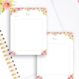 May include: Two printable floral notepads with the word "Progress" at the top of each page. The notepads are decorated with a border of pink, peach, and yellow flowers.