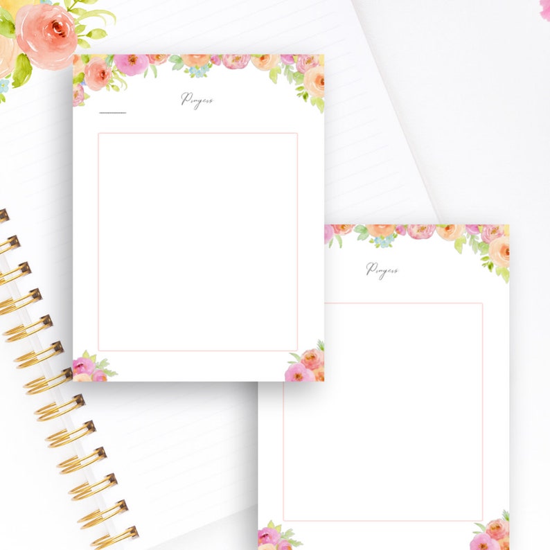 May include: Two printable floral notepads with the word "Progress" at the top of each page. The notepads are decorated with a border of pink, peach, and yellow flowers.