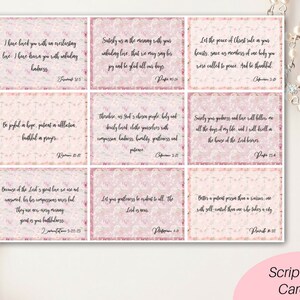 May include: A set of 10 pink and white floral scripture cards with inspirational quotes from the Bible. Each card features a different verse and a floral design.