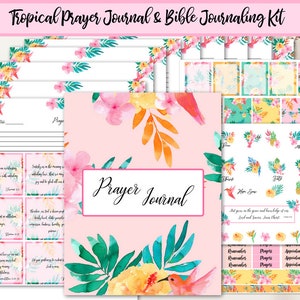 May include: A tropical themed prayer journal and bible journaling kit with watercolor illustrations of flowers, leaves, and hummingbirds. The kit includes a prayer journal, stickers, and printable pages.