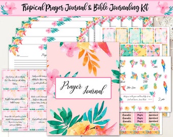 Prayer journal printable/ Bible journaling kit/ prayer journal/ Christian planner/ Bible stickers/ tropical journal/ faith Scripture cards/