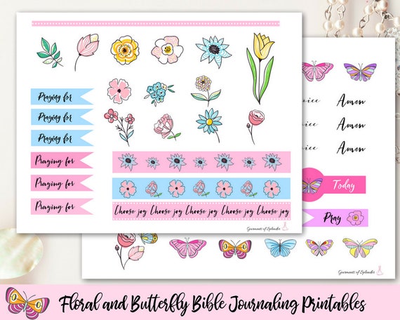 Bible Journaling Printable/ Journaling Stickers/ Prayer Journaling Stickers/  Flower/ Butterfly Printable/ Faith Planner/ Christian Planner 
