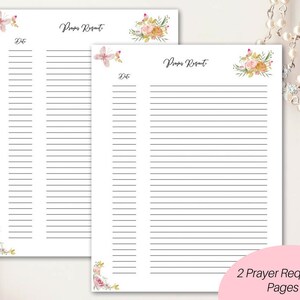 May include: Two printable prayer request pages with floral designs. Each page has a title "Prayer Requests" and a space for the date. The pages are decorated with pink and yellow flowers and butterflies.