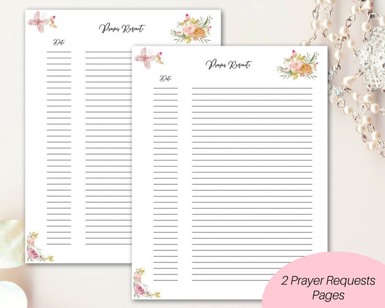 May include: Two printable prayer request pages with floral designs. Each page has a title "Prayer Requests" and a space for the date. The pages are decorated with pink and yellow flowers and butterflies.