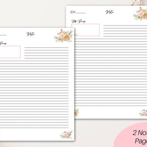 May include: Two blank note pages with floral designs in shades of pink, orange, and green. Each page has a space for the date and a line for the title "Notes".