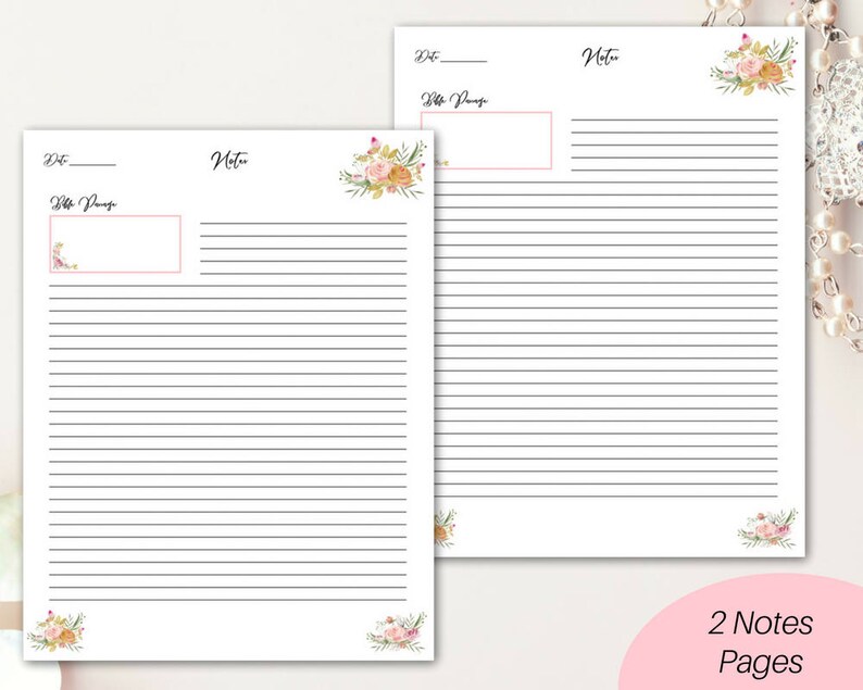 May include: Two blank note pages with floral designs in shades of pink, orange, and green. Each page has a space for the date and a line for the title "Notes".