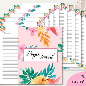 Puede incluir: Un diario de oración imprimible con 10 páginas con un fondo rosa con flores, hojas y colibríes de acuarela. El título "Prayer Journal" está escrito en cursiva negra.