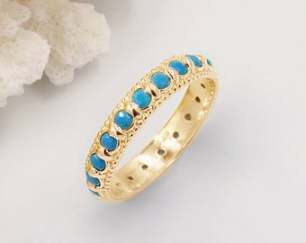 Elia Turquoise Gold Stacking Eternity Wedding Ring, Stackable Gemstone infinity Ring December Birthstone, Dainty Ethnic Thin Wedding Band