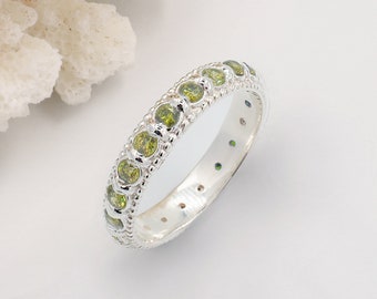Elia Olive Green Peridot & Silver Stacking Eternity Ring Stackable Gemstone infinity Ring August Birthstone, Dainty Ethnic Thin Wedding Band