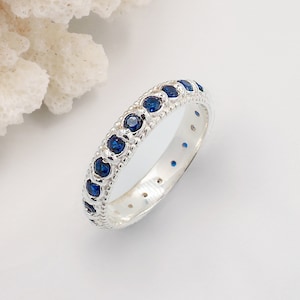 Elia Blue Sapphire Silver Stacking Eternity Ring Stackable Gemstone infinity Ring September Birthstone, Dainty Ethnic Thin Wedding Band