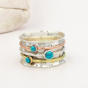 Eris Silver & Gold Turquoise Spinning Ring Sterling Chunky, Wide Spinner Boho Ring for Women, Meditation, Thumb Ring December Birthstone