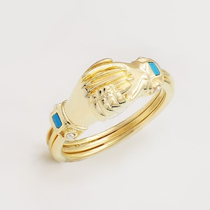Fede 18 Carat Gold, Turquoise and Pearl Gimmel Alternative Engagement Claddagh Ring With Opening Clasped Hands & Hidden Heart