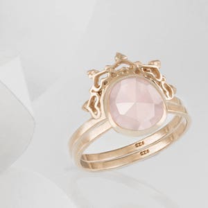 Austra Rose Gold & Rose Quartz Ring with Halo Nesting Band