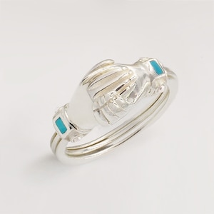 Fede Sterling Silver, Turquoise and Pearl Gimmel Alternative Engagement Claddagh Ring With Opening Clasped Hands & Hidden Heart
