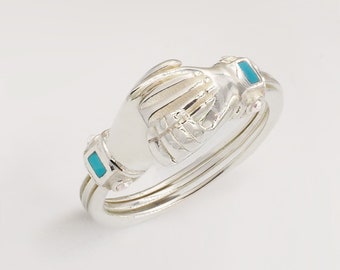 Fede Sterling Silver, Turquoise and Pearl Gimmel Alternative Engagement Claddagh Ring With Opening Clasped Hands & Hidden Heart