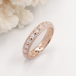 Bague empilable avec diamants simulés, topaze blanche et or rose, pierres précieuses empilables, pierre de naissance d'avril à l'infini, alliance ethnique fine et fine