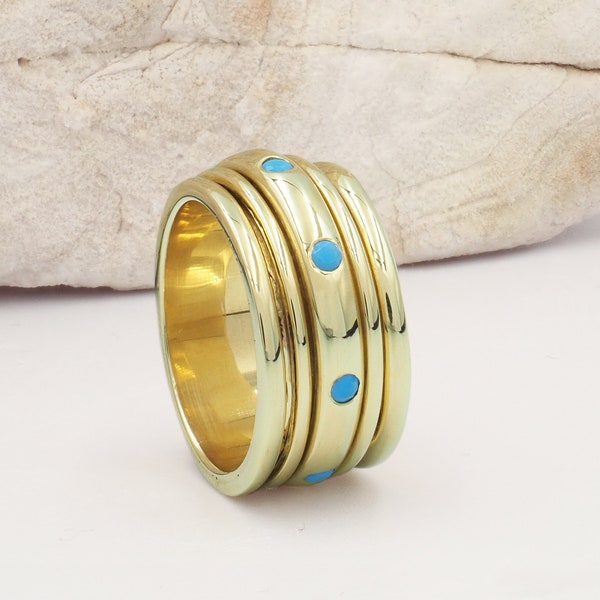 Nova High Shine Türkis & Gold Ton geschmolzen, minimalistische Chunky Spinning Ring, breite Spinner Boho Ring für Frauen, Meditation Ring, Daumen-Ring