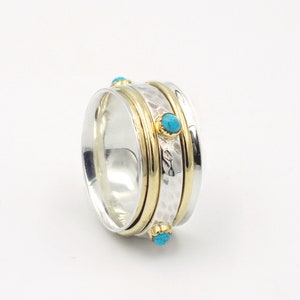925 Sterling Silber & Gold Türkis Spinnen Ring Chunky, breite Spinner Boho Ring für Frauen, Meditation, Daumen Ring Dezember Birthstone