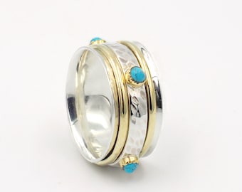 925 Sterling Silver & Gold Turquoise Spinning Ring Chunky, Wide Spinner Boho Ring for Women, Meditation, Thumb Ring December Birthstone