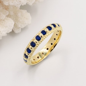 Elia Blue Sapphire Colour Gold Stacking Eternity Ring, Stackable Gemstone Infinity December Leo Birthstone, Dainty Ethnic Thin Wedding Band