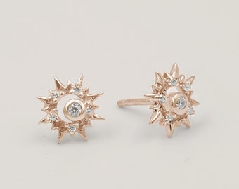 Small Sun Stud Earrings in Rose Gold, Sterling Silver, Gold, Dainty Sun Burst, Cubic Zirconia crystal CZ Sunburst Christmas Present Stocking