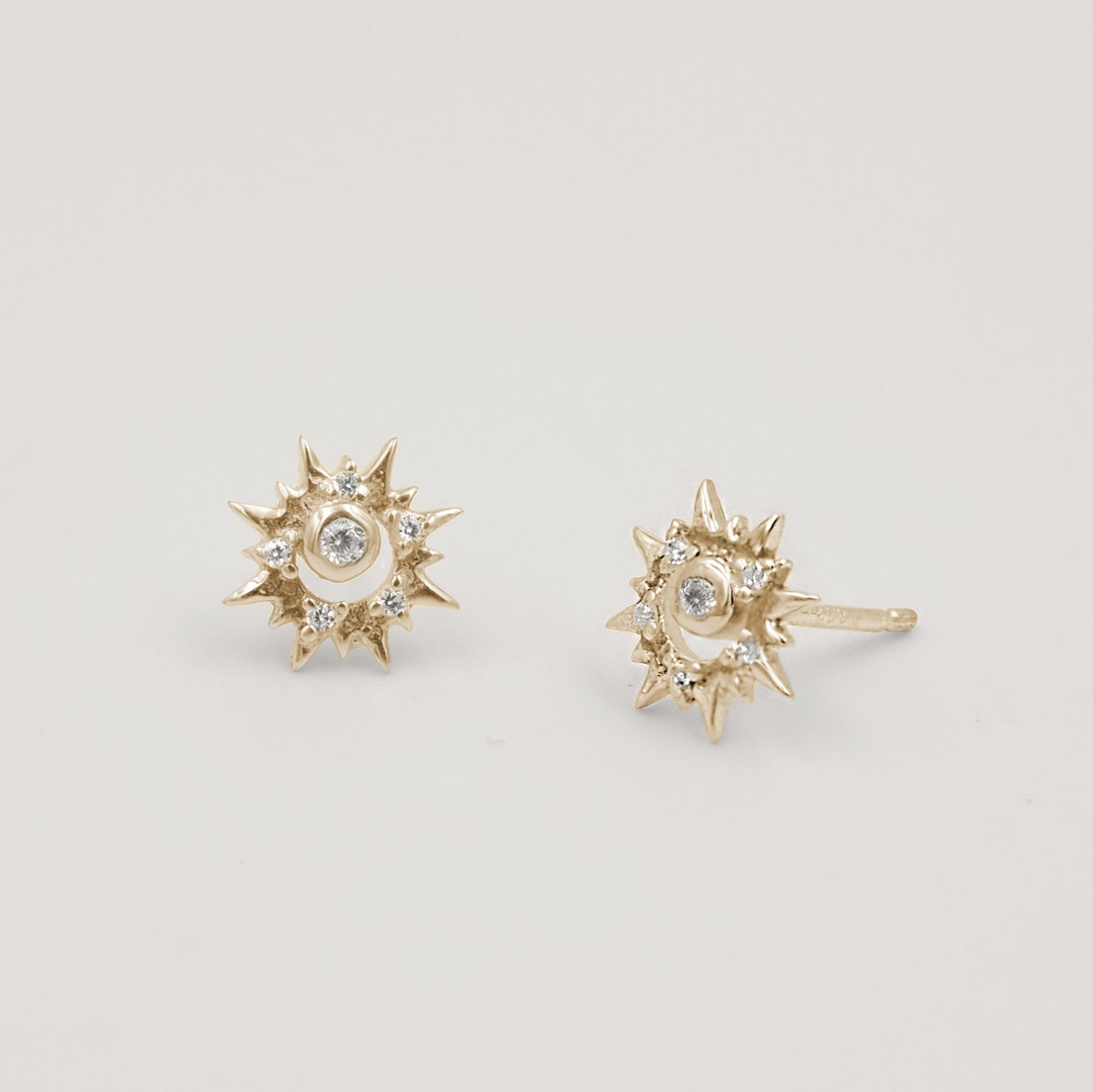 Gold Starburst Sun Earrings Pave White Topaz Delicate Star Ear - Etsy