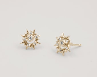 Small Sun Stud Earrings in Gold, Sterling Silver, Rose Gold, Dainty Sun Burst, Cubic Zirconia crystal CZ Sunburst Christmas Present Stocking