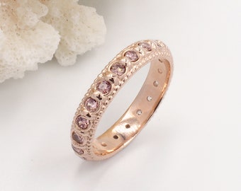 Pink Morganite & Rose Gold Stacking Eternity Boho Ring Stackable Vintage Infinity November Birthstone Dainty Ethnic Thin Unique Wedding Band
