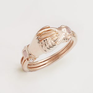 Fede 18 Carat Rose Gold, Pink Rose Quartz and Pearl Gimmel Alternative Engagement Wedding Claddagh Ring Opening Clasped Hands & Hidden Heart