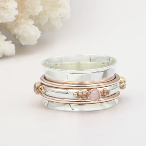Rose Gold Rosenquarz Sterling Silber Chunky Spinner Ring, breit Spinner Boho Ring für Frauen, Meditation Ring, Daumen Ring Januar Birthstone