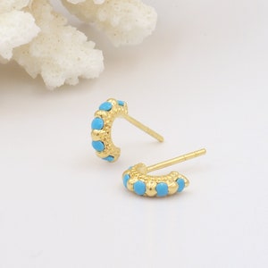 Tiny, Mini 18k Gold Plated & Turquoise Gemstone Molten Huggie Hoop Earrings - Size Small 5mm